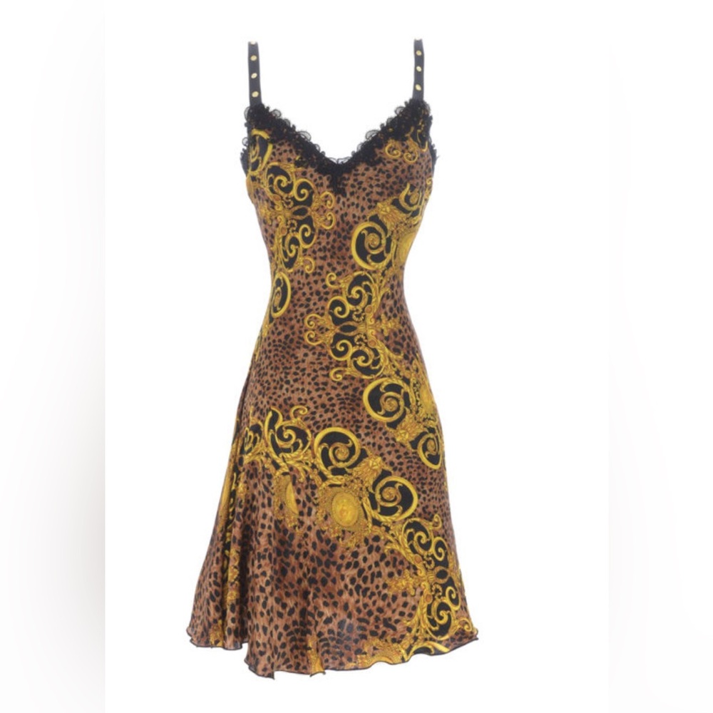 Versace Couture slip dress with Leopard Print and Gold Accents
